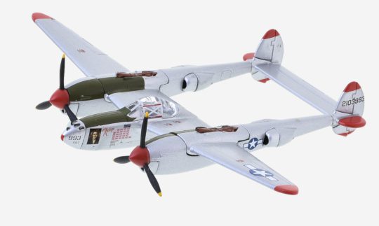Top view of Postage Stamp Collection PS53623 - 1/115 scale diecast model Lockheed P-38J Lightning, "Marge", Richard Bong, 9th FS, 49th FG, 5th AF, USAAF, New Guinea, circa 1944.