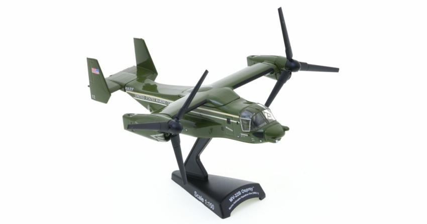 Front starboard side view of the Bell Boeing MV-22B Osprey 1/150 scale diecast model of "Marine One" assigned to Marine Helicopter Squadron One (HMX-1) "The Nighthawks", USMC - Postage Stamp Collection PS53782