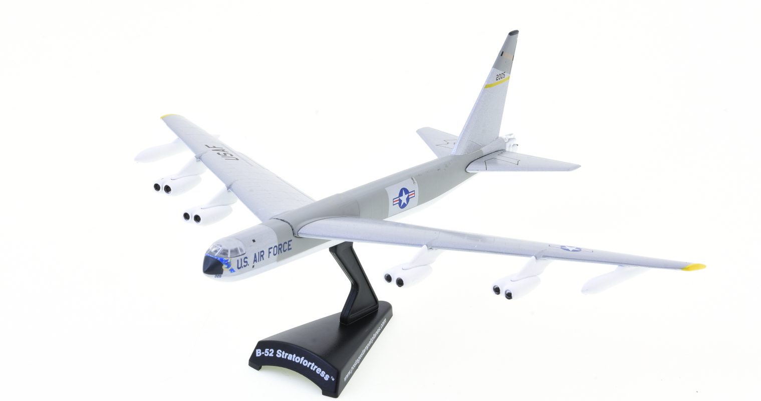Front port side view of the Boeing RB-52B Stratofortress 1/300 scale diecast model , s/n 52-0005, Lowry Technical Training Center, Lowry AFB, USAF - Postage Stamp Collection PS53912 