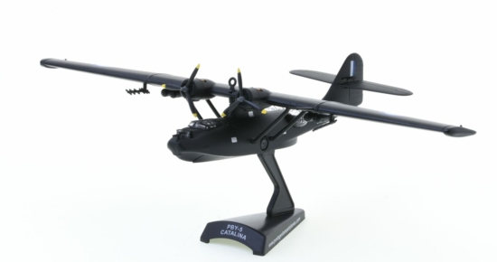 Front port sidew view of the 1/150 scale diecast model Consolidated PBY-5A Catalina s/n A24-88, RK-A, No. 42 Sqn, RAAF, in a Black Cat colour scheme, circa 1944 - Postage Stamp Collection PS55566