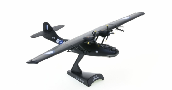 Front starboard side view of the 1/150 scale diecast model Consolidated PBY-5A Catalina s/n A24-88, RK-A, No. 42 Sqn, RAAF, in a Black Cat colour scheme, circa 1944 - Postage Stamp Collection PS55566