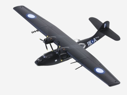Top view of the 1/150 scale diecast model Consolidated PBY-5A Catalina s/n A24-88, RK-A, No. 42 Sqn, RAAF, in a Black Cat colour scheme, circa 1944 - Postage Stamp Collection PS55566