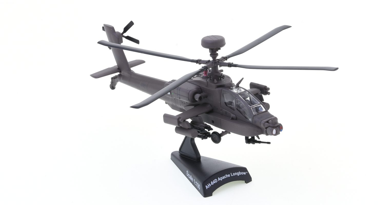 Front starboard side view of the Boeing AH-64D Apache Longbow 1/100 scale diecast model,  US Army - Postage Stamp Collection PS5600