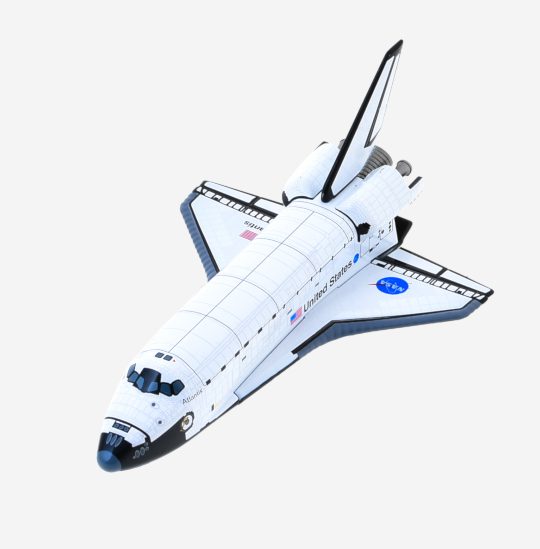 Top view of the Postage Stamp Collection PS58231 - 1/300 scale diecast model of the Space Shuttle Orbiter "Atlantis", OV-104, NASA.