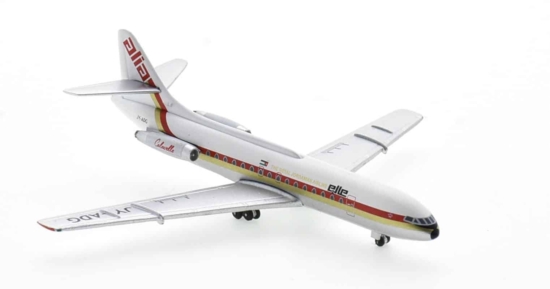 Front starboard side view of Aero Classics AC419946 - 1/400 scale diecast model Sud Aviation SE 210 Caravelle 10R, registration JY-ADG in Alia-Royal Jordanian Airlines livery, circa the early 1970s.