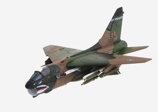 Top View of Century Wings CW001632 - 1/72 scale diecast model LTV A-7D Corsair II, of tail code EL/218, 75th TFS, 23rd TFW, USAF, England AFB, Lousiana, USA, circa the 1970s.