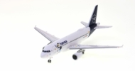 Front port side view of the 1/200 scale diecast model Airbus A321-200, registration D-AILU in the livery of Lufthansa with special "Lulu Stork" logo, circa 2018 - Herpa HE570985