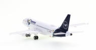 Rear view of the 1/200 scale diecast model Airbus A321-200, registration D-AILU in the livery of Lufthansa with special "Lulu Stork" logo, circa 2018 - Herpa HE570985