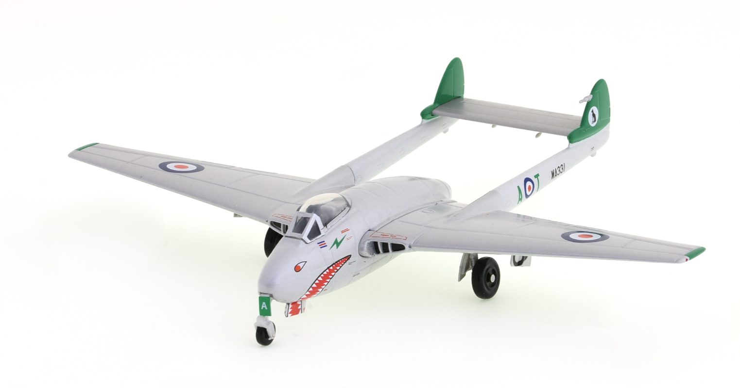 Front port side view of the de Havilland Vampire FB. 5  1/72 scale diecast model of s/n WA331, No. 112 Sqn, 2nd TAF, RAF, circa 1951 - Herpa HE580632 