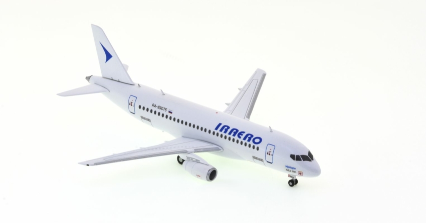 Front starboard side view of the AviaBoss A2006 - 1/200 scale diecast model Sukhoi Superjet 100 (SSJ100) of registration RA-89077 in the livery of IrAero.