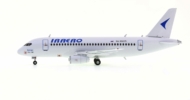 Port side view of the AviaBoss A2006 - 1/200 scale diecast model Sukhoi Superjet 100 (SSJ100) of registration RA-89077 in the livery of IrAero.