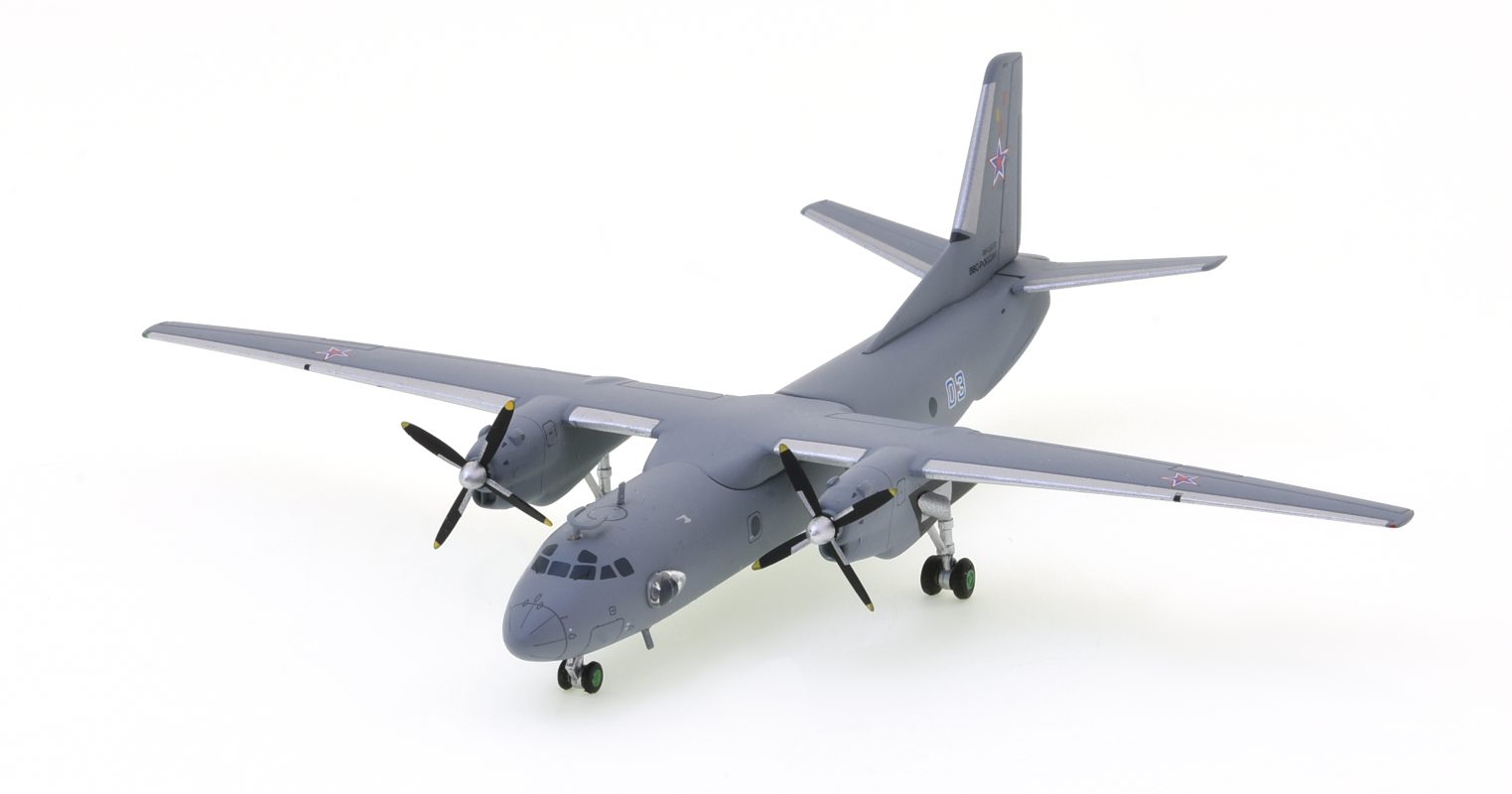 Front port side view of the Antonov An-26 1/200 scale diecast model of s/n RF-36072, VVS (Military Air Forces of Russia) - AviaBoss A2023