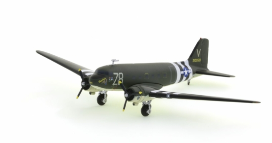 Front port side view of the Douglas C-47A (DC-3) Skytrain 1/200 scale diecast model of s/n 42-2100591, named "Tico Belle", 84th TCS, USAAF, D-day - Herpa Wings HE559744