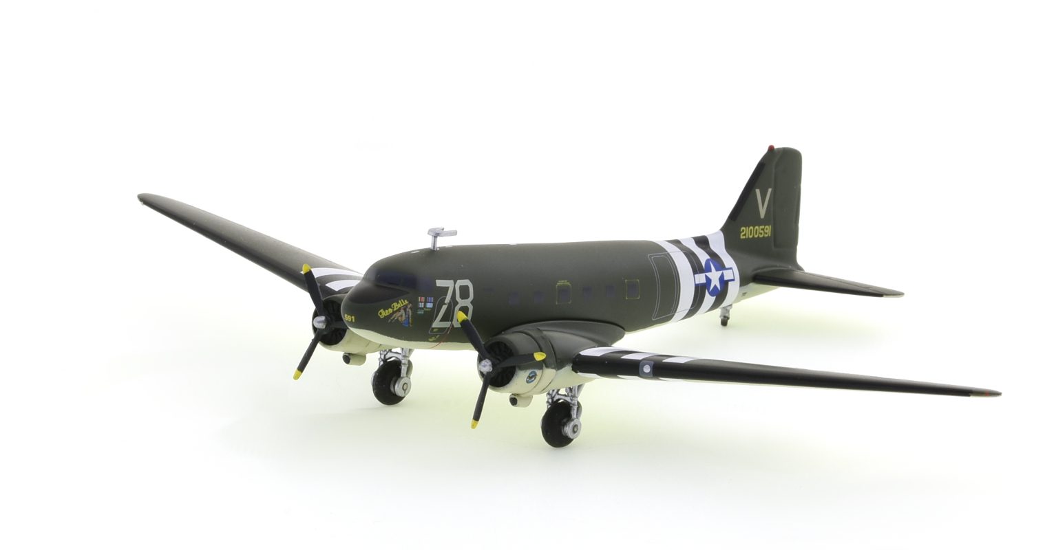 Front port side view of the Douglas C-47A (DC-3) Skytrain 1/200 scale diecast model of s/n 42-2100591, named 