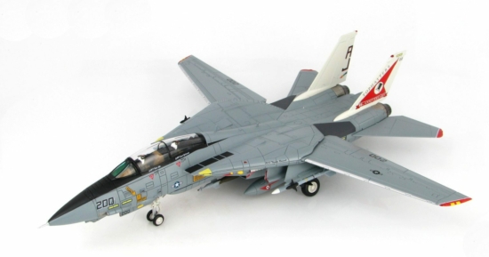 Front port side view of the Grumman F-14A Tomcat 1/72 scale diecast model of the VF-14 "Tophatters" with the 80th-anniversary tail scheme, tail code AJ/100, US Navy, USS Theodore Roosevelt (CVN 71), 1999 - Hobby Master HA5214