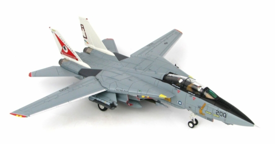 Front starboard side view of the Grumman F-14A Tomcat 1/72 scale diecast model of the VF-14 "Tophatters" with the 80th-anniversary tail scheme, tail code AJ/100, US Navy, USS Theodore Roosevelt (CVN 71), 1999 - Hobby Master HA5214