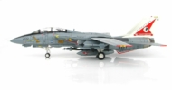 Port side view of the Grumman F-14A Tomcat 1/72 scale diecast model of the VF-14 "Tophatters" with the 80th-anniversary tail scheme, tail code AJ/100, US Navy, USS Theodore Roosevelt (CVN 71), 1999 - Hobby Master HA5214