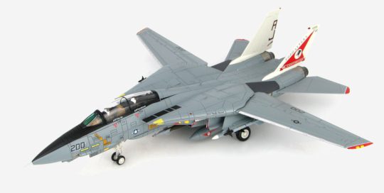 Top view of the Hobby Master HA5214 - 1/72 scale diecast model Grumman F-14A Tomcat of VF-14 "Tophatters" with the 80th-anniversary tail scheme, tail code AJ/100, US Navy, 1999.