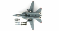 Underside view of the Grumman F-14A Tomcat 1/72 scale diecast model of the VF-14 "Tophatters" with the 80th-anniversary tail scheme, tail code AJ/100, US Navy, USS Theodore Roosevelt (CVN 71), 1999 - Hobby Master HA5214