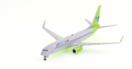 Front port side view of the Boeing B737-800 1/200 scale diecast model of registration HL-8015, in the livery of Jin Air - JFox JF-737-8-024