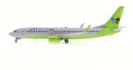 Port side view of the Boeing B737-800 1/200 scale diecast model of registration HL-8015, in the livery of Jin Air - JFox JF-737-8-024