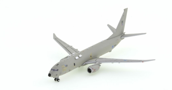 Front port side view of the Boeing Poseidon MRA1, (P-8A) 1/400 scale diecast model named "Pride of Moray" of No. 120 Sqn, RAF, RAF Kinloss, Scotland, 2020 - Gemini Jets GMRAF100