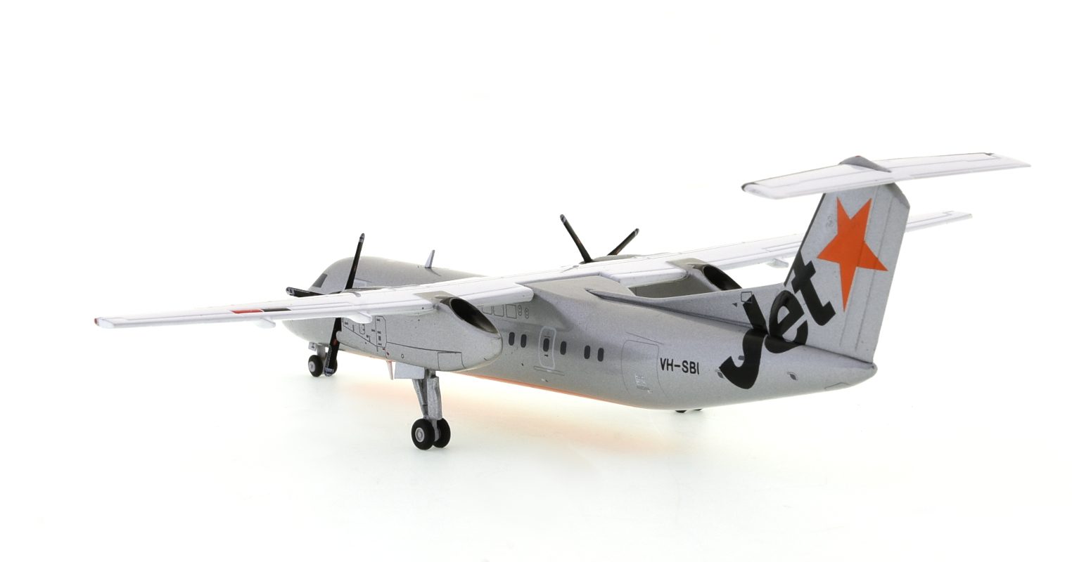 Rear view of the 1/200 scale De Havilland Canada Dash 8-300 diecast model of  registration VH-SBI, Jetstar livery, circa the late 2000s - JC Wings JC2JST276