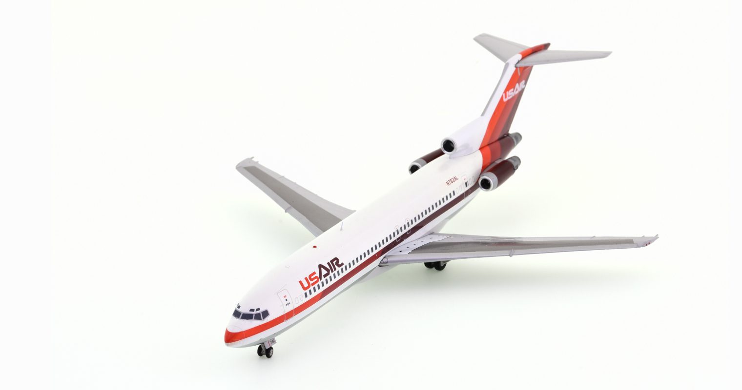 Front port side view of the  1/200 scale Boeing B727-200 diecast model, registration N762AL in the livery of USAir, circa the 1980s - JC Wings JC2USA389
