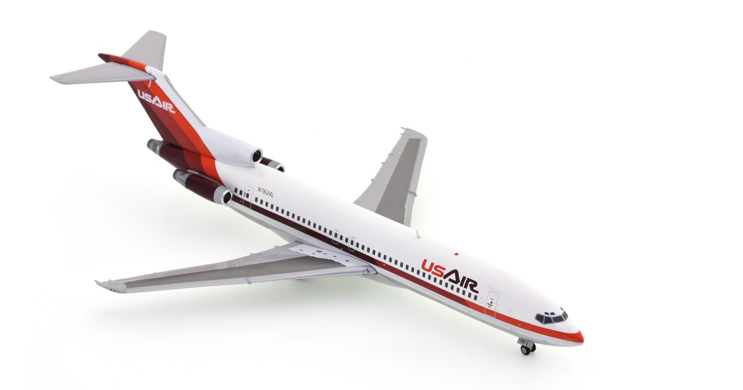 Front starboard side view of the  1/200 scale Boeing B727-200 diecast model, registration N762AL in the livery of USAir, circa the 1980s - JC Wings JC2USA389