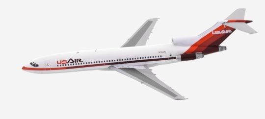 Top view of JC Wings JC2USA389 - 1/200 scale diecast model Boeing B727-200, registration N762AL in the livery of USAir, circa the 1980s.