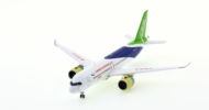 Front port side view of the 1/200 scale Comac C919 prototype diecast model, registration B-001C in Comac House Colours -LH2MSR232