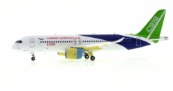 Port side view of the 1/200 scale Comac C919 prototype diecast model, registration B-001C in Comac House Colours - JC Wings LH2COM225