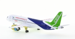 Rear view of the 1/200 scale Comac C919 prototype diecast model, registration B-001C in Comac House Colours - JC Wings LH2COM225