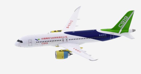 Top view of JC Wings LH2COM225 - 1/200 scale diecast model Comac C919 prototype, registration B-001C in Comac House Colours.
