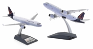 Image showing model on display stand, 1/200 scale diecast model Airbus A320-200 registration OO-SNJ in Brussels Airlines livery - JFox JF-A320-027