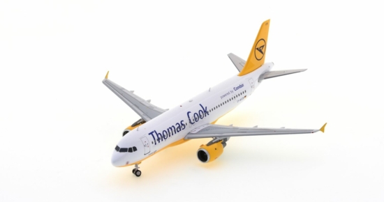 Front port side view of the 1/200 scale diecast model Airbus A320-200 registration D-AICB in Thomas Cook Airlines/ Condor livery - JFox JF-A320-035