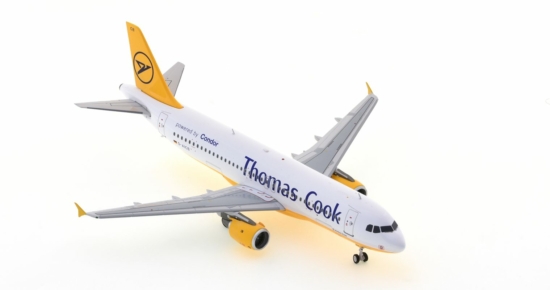 Front starboard side view of the 1/200 scale diecast model Airbus A320-200 registration D-AICB in Thomas Cook Airlines/ Condor livery - JFox JF-A320-035