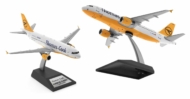Image of model on display stand, 1/200 scale diecast model Airbus A320-200 registration D-AICB in Thomas Cook Airlines/ Condor livery - JFox JF-A320-035