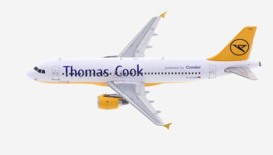 Top view of the 1/200 scale diecast model Airbus A320-200 registration D-AICB in Thomas Cook Airlines/ Condor livery - JFox JF-A320-035