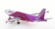 Rear view of the 1/200 scale diecast model Airbus A320-200 of registration JA828P in Peach Aviation livery - JFox JF-A320-037