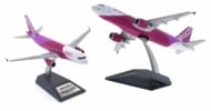 Image of model on display stand, 1/200 scale diecast model Airbus A320-200 of registration JA828P in Peach Aviation livery - JFox JF-A320-037