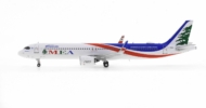 Port side view of the 1/400 scale diecast model Airbus A321-200neo of registration T7-ME3 in MEA's livery - Panda Models PM202035