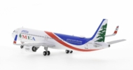 Rear view of the 1/400 scale diecast model Airbus A321-200neo of registration T7-ME3 in MEA's livery - Panda Models PM202035