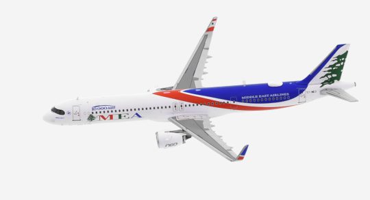 Top view of the 1/400 scale diecast model Airbus A321-200neo of registration T7-ME3 in MEA's livery - Panda Models PM202035
