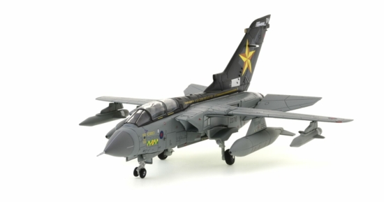 Front port side view of the Panavia Tornado GR.4 1/72 scale diecast model of serial number ZD716, No.31 Squadron "Goldstars", RAF, retirement scheme, March 2019, RAF Marham - Corgi AA33621