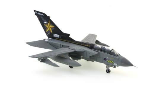 Front starboard side view of Panavia Tornado GR.4 1/72 scale diecast model of serial number ZD716, N0.31 Squadron "Goldstars", RAF, retirement scheme, March 2019, RAF Marham - Corgi AA33621