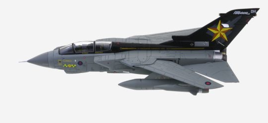 Top view of Corgi Aviation Archives AA33621 - 1/72 scale diecast model Panavia Tornado GR.4 of serial number ZD716, No.31 Squadron "Goldstars", Royal Air Force RAF, retirement scheme, March 2019, RAF Marham.