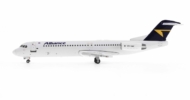 Port side view of the Fokker 100 1/400 scale diecast model of registration VH-UQC, in Alliance Airline's livery - Gemini Jets GJUTY1832