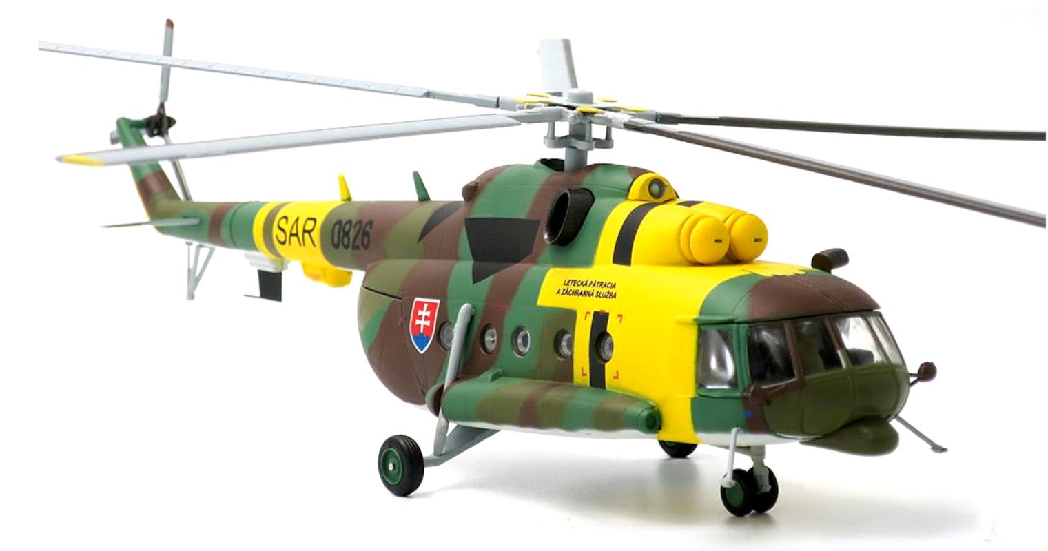 Front starboard side view of the Mil Mi-17 1/72 scale diecast model, #0826, 1st Training and SAR Sqn, Air Force of the Armed Forces of the Slovak Republic - JC Wings JCW-72-Mi17-001
