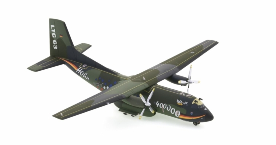 Front starboard side view of the Transall C-160D 1/200 scale diecast model tactical number 50+72 in the commemorative "400,00 Flight Hours" scheme of LTG63, Luftwaffe, 2019 - Herpa HE570909 
